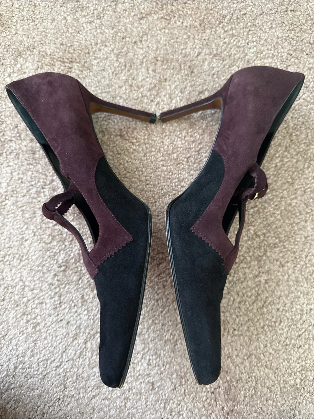 Vintage Dior Burgundy and Black Suede T-Strap Mary Jane Pumps Pointed Toe